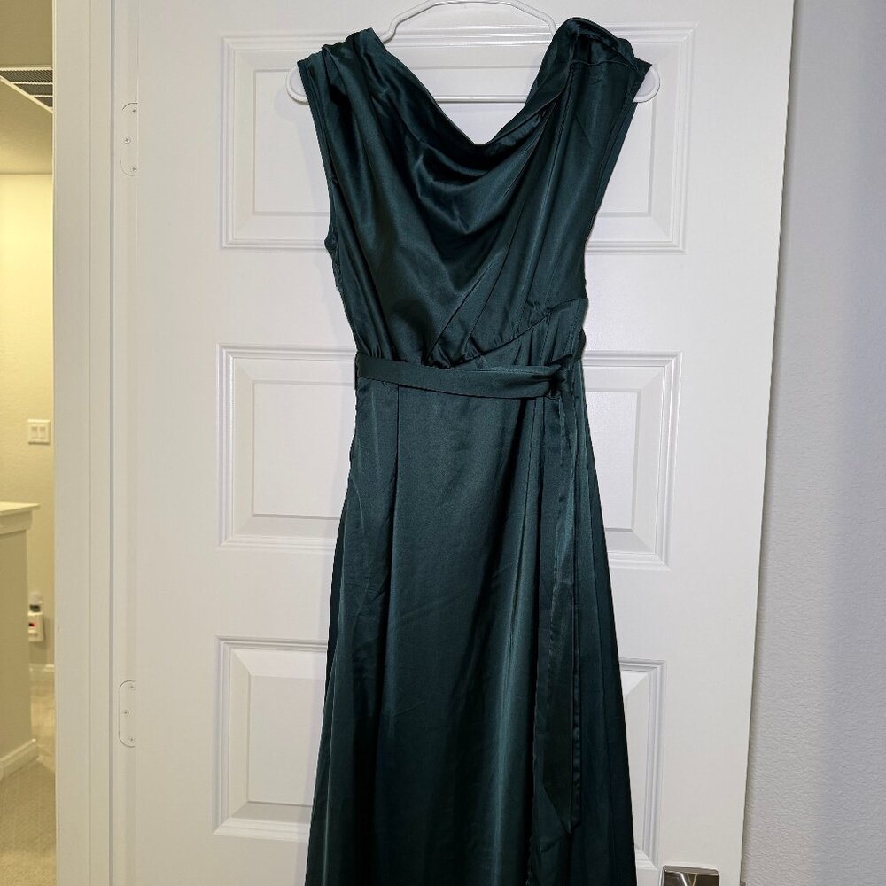 Grace Karin Dark Green Satin Off the Shoulder Midi Dress